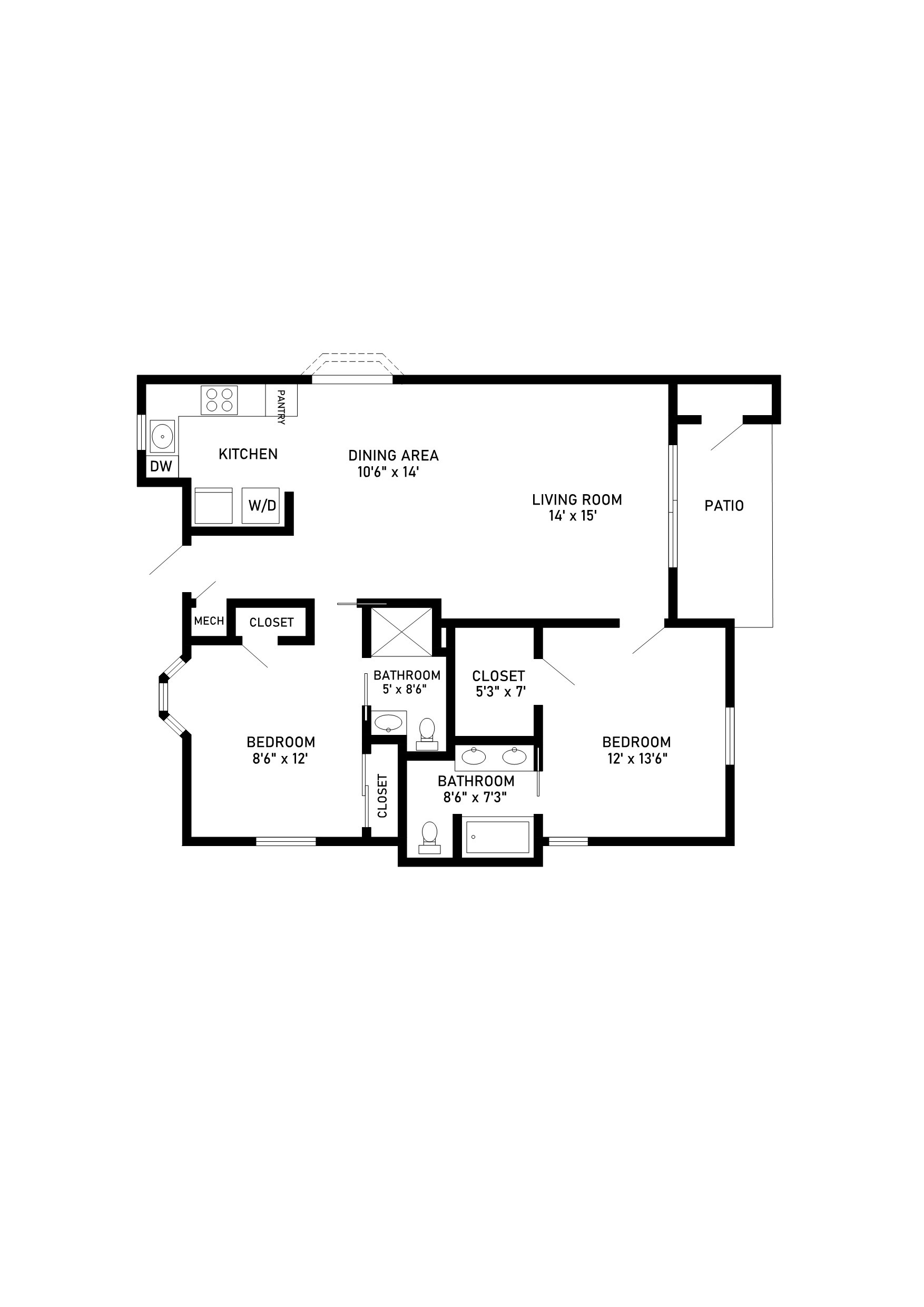 two bed two bath 1010 sqft