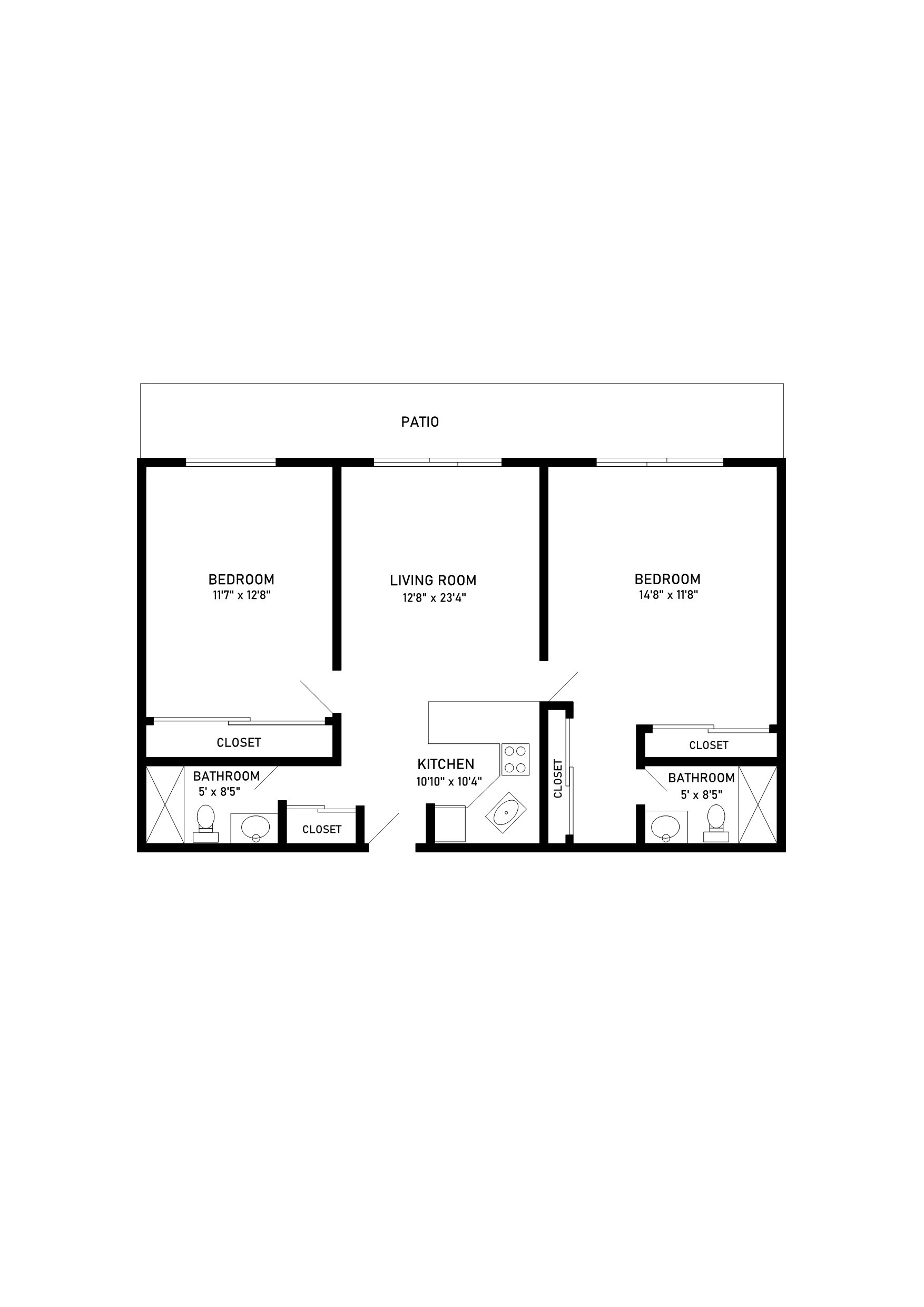two bed two bath 1035 sqft