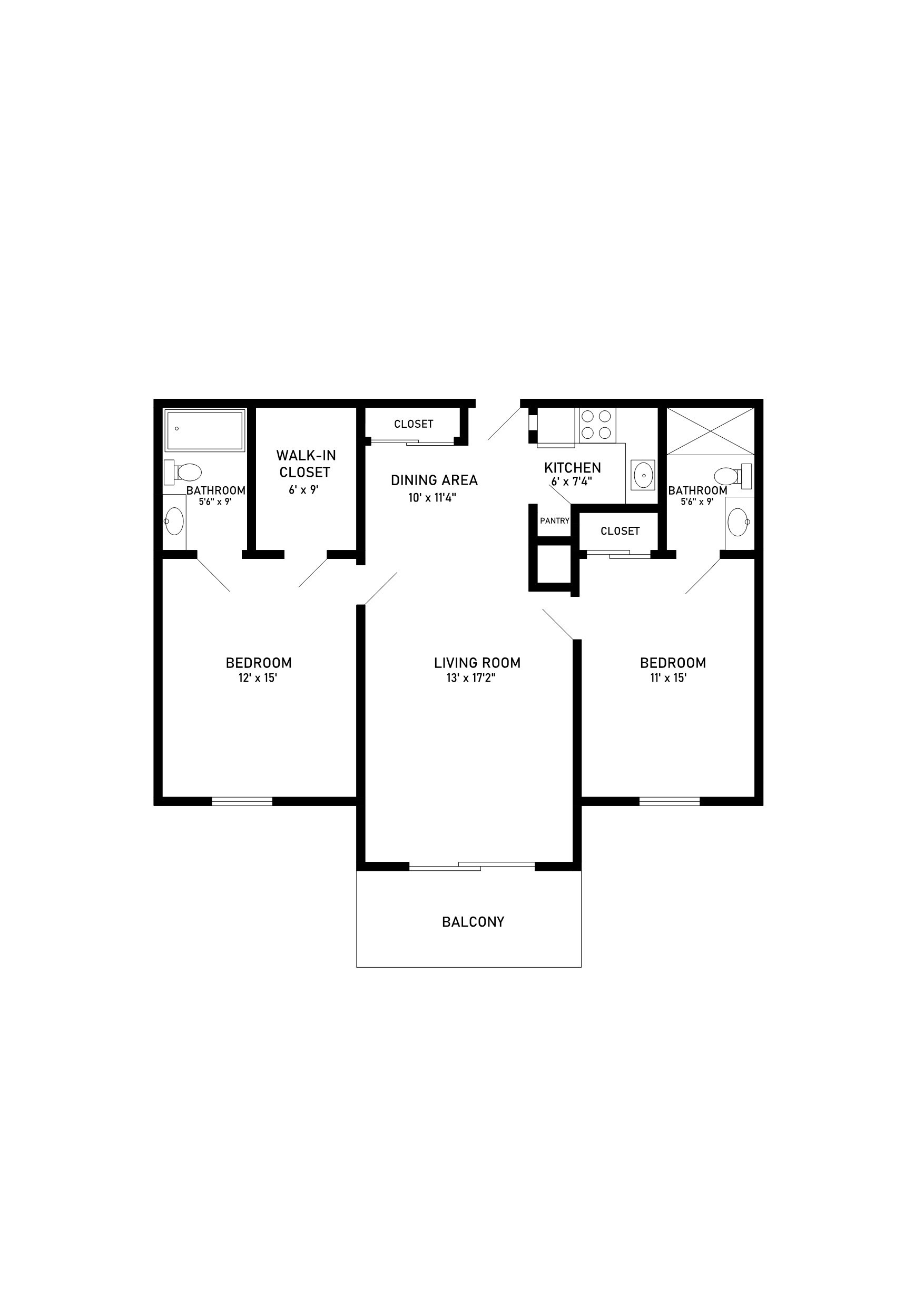 two bed two bath 895 sqft