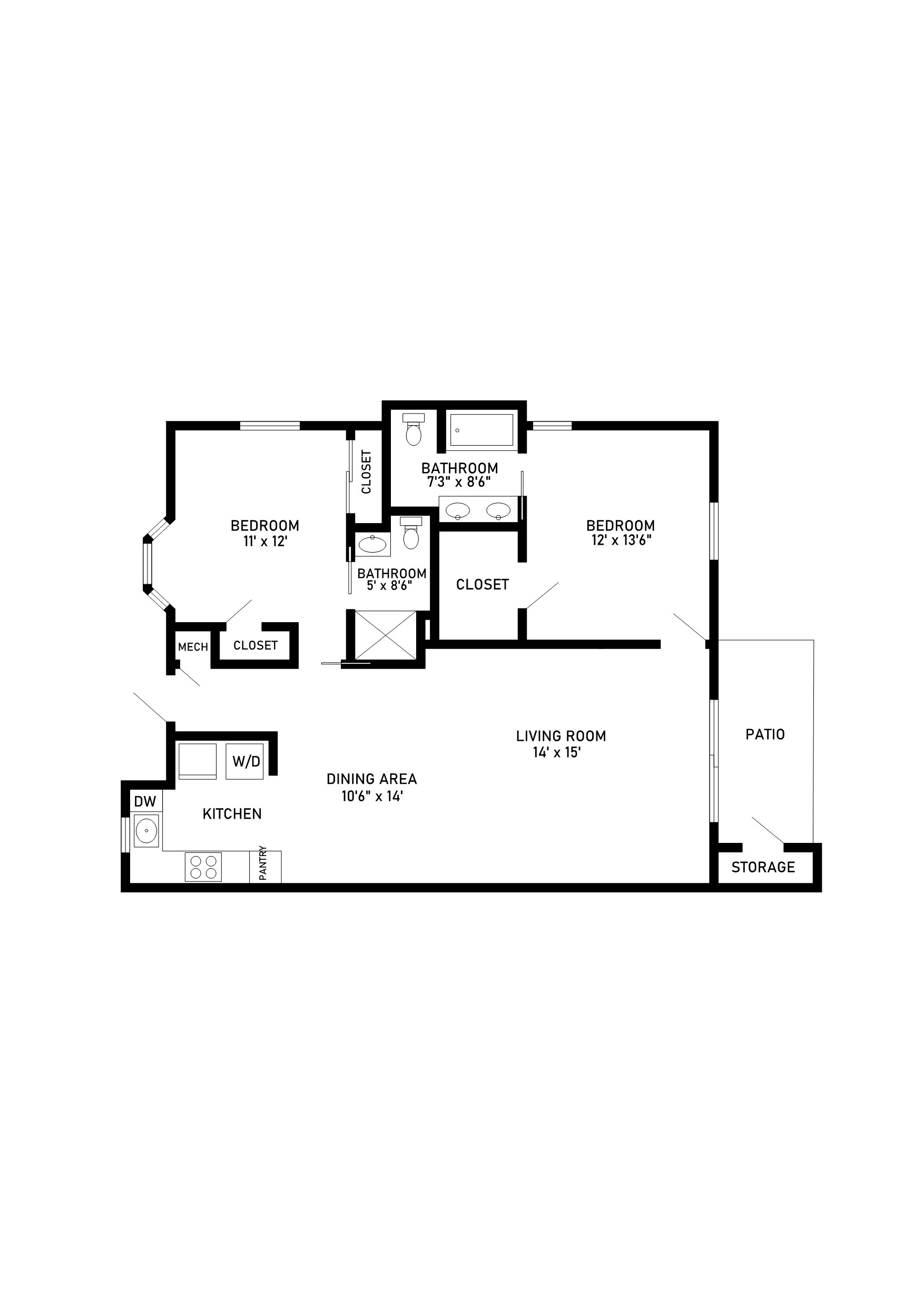 two bed two bath 970 sqft