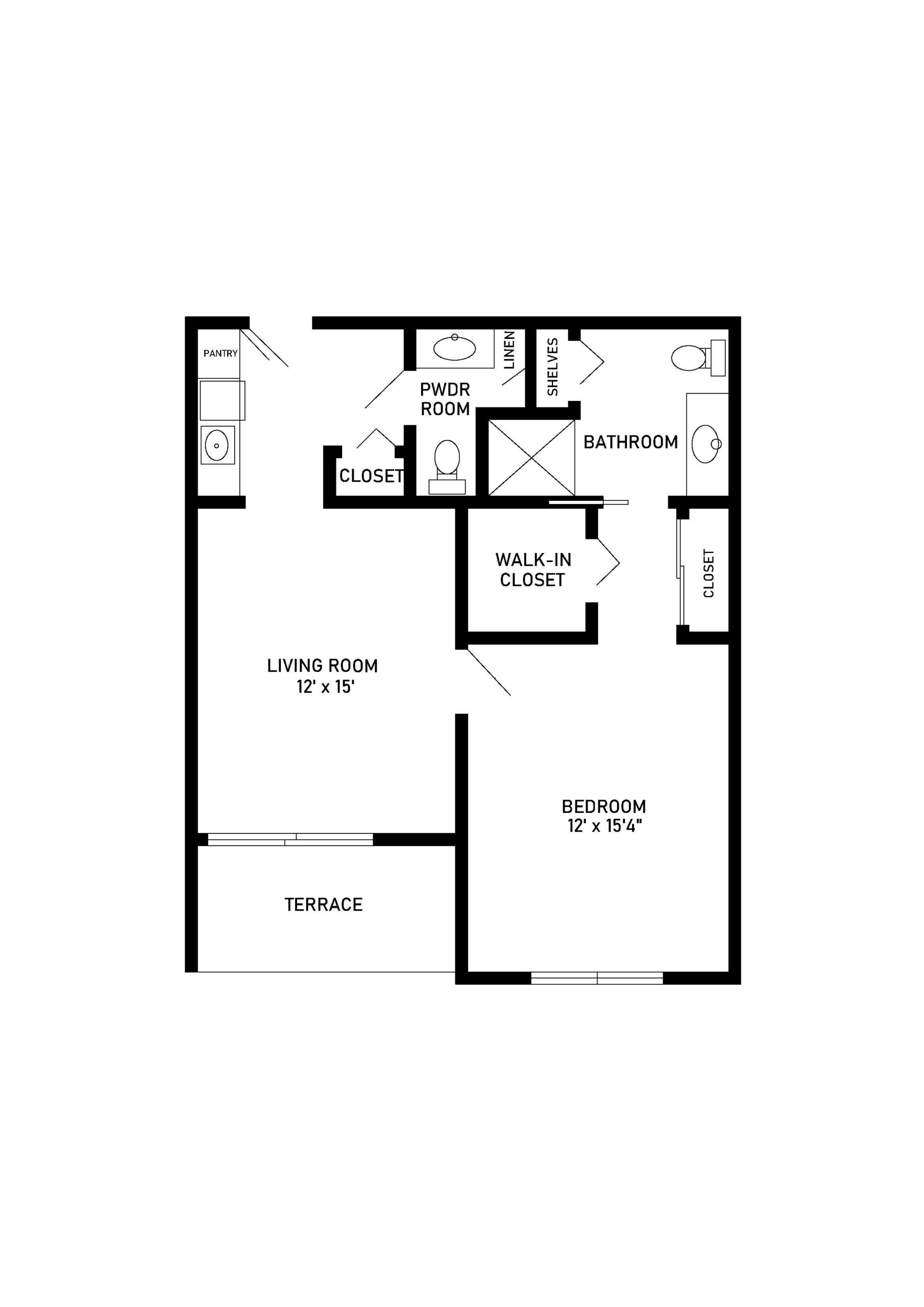 assisted living floor plan 1 bed 1.5 bath 691 square feet