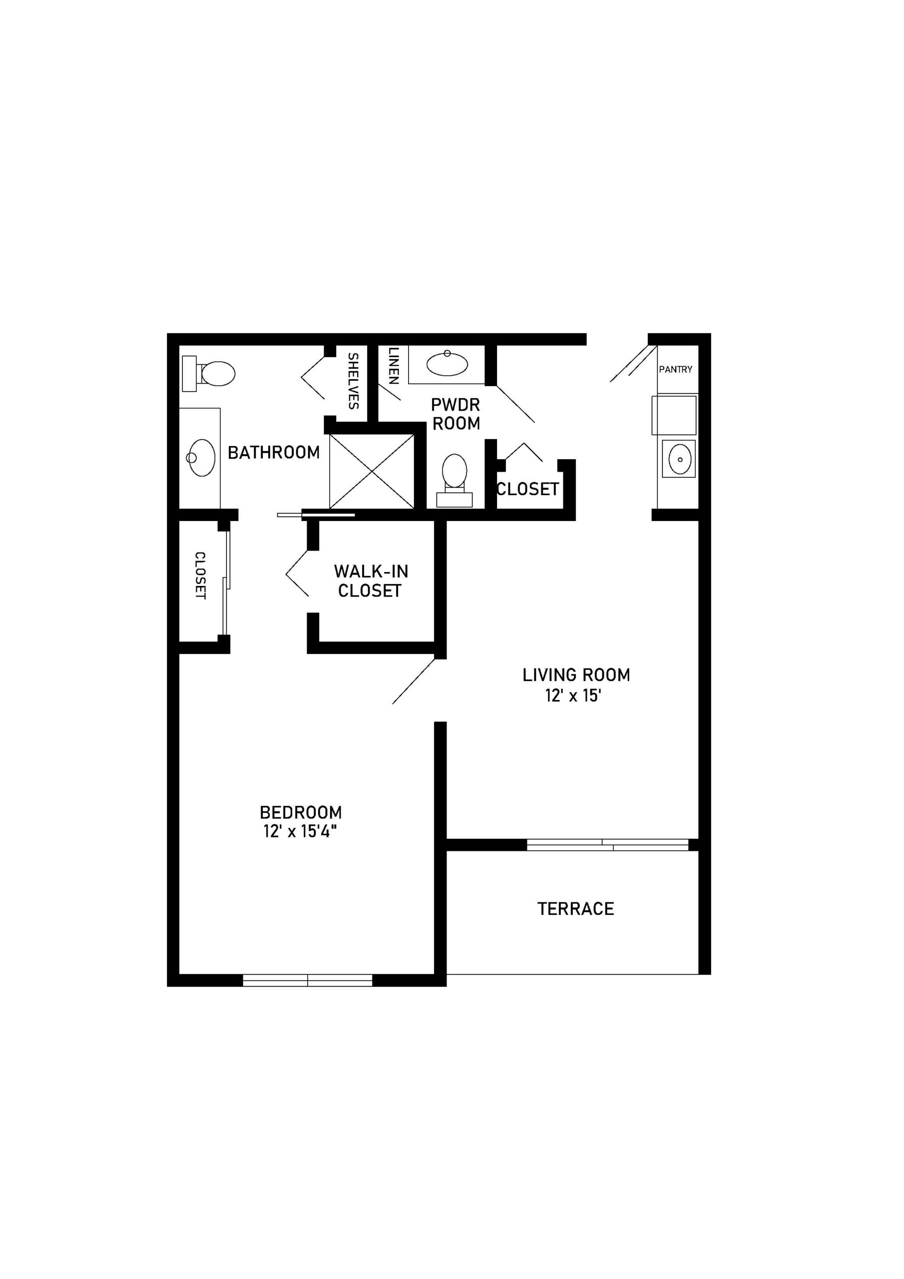 assisted living floor plan 1 bedroom 1.5 bathroom 691 square feet