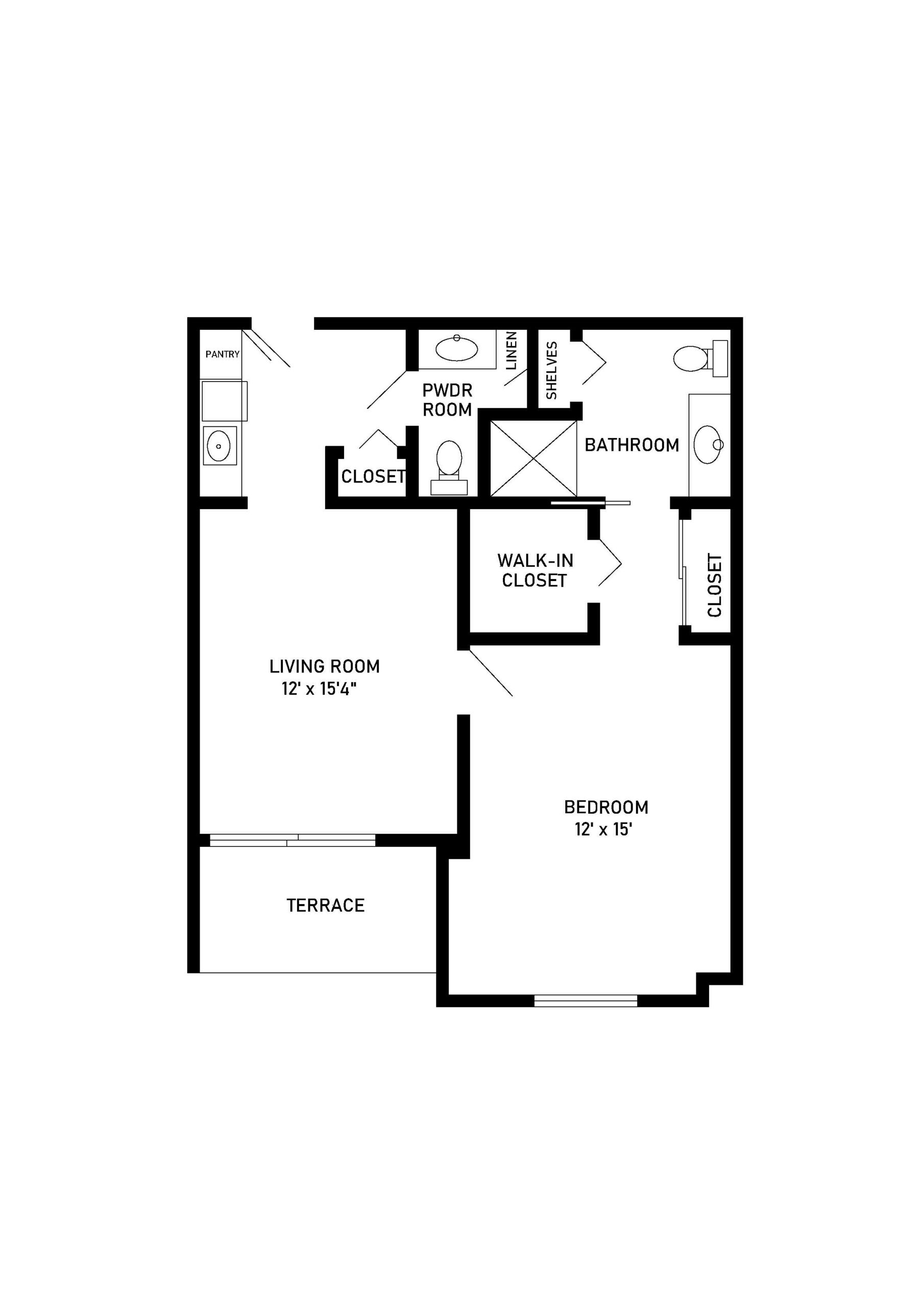 assisted living floor plan 1 bedroom 1.5 bathroom 691 square feet
