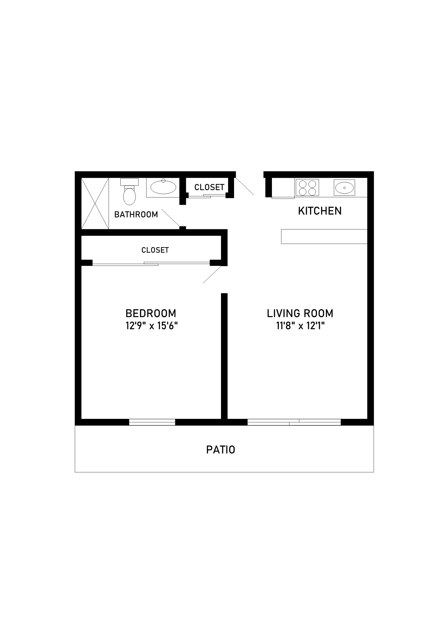 one bed one bath 588 sqft